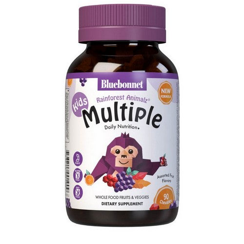 Super Earth Rainforest Animalz Whole Food Based Multiple Orange, Grape, Cherry Flavors 90 Animal Shaped Chew Tabs by Bluebonnet Nutrition