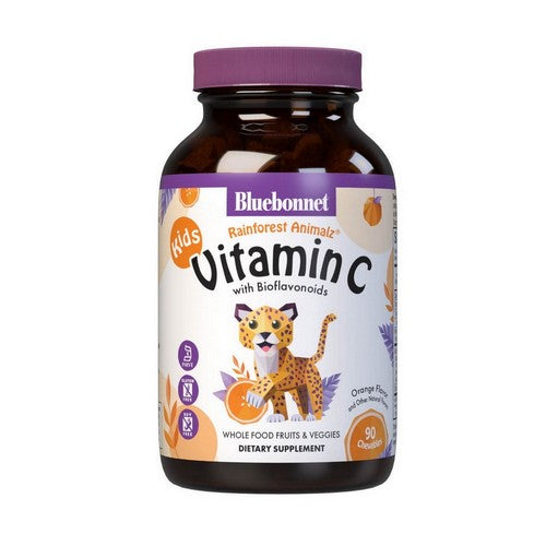Super Earth Rainforest Animalz Vitamin C Vegetarian Natural Orange Flavor 90 Animal Shaped Chew Tabs by Bluebonnet Nutrition