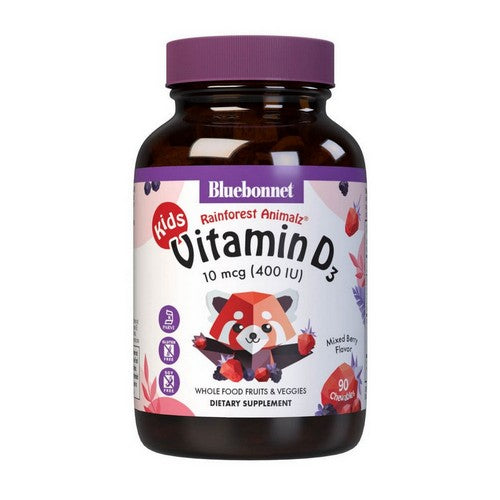 Super Earth Rainforest Animalz Vitamin D3 Mixed Berry Flavor 90 Animal Shaped Chew Tabs by Bluebonnet Nutrition