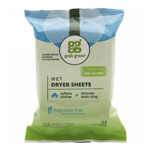Wet Dryer Sheets Fragrance Free 32 Count by Grab Green