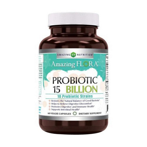 Amazing Flora Probiotic 10 Strains 15 Billion 60 Veg Caps by Amazing Nutrition