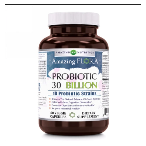 Amazing Flora Probiotic 30 Billion with 10 Best Probiotic Strains 60 Veg Caps by Amazing Nutrition