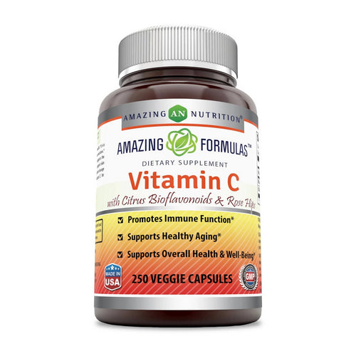 Amazing Formulas Vitamin C (Ascorbic Acid) with Rose Hips & Citrus Bioflavonoids 250 Veg Caps by Amazing Nutrition