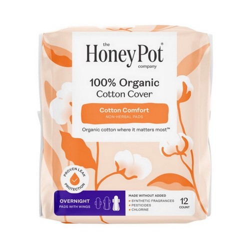 Organic Top Sheet Overnight Non Herbal Menstrual Pads 12 Count by The Honey Pot