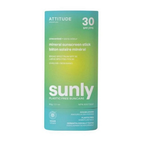 Mineral Sunscreen Stick SPF 30 Sunly Plastic Free Unscented 2.1 Oz by Attitude