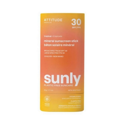 Tropical Mineral Sunscreen Stick SPF 30 Sunly Plastic Free 2.1 Oz by Attitude