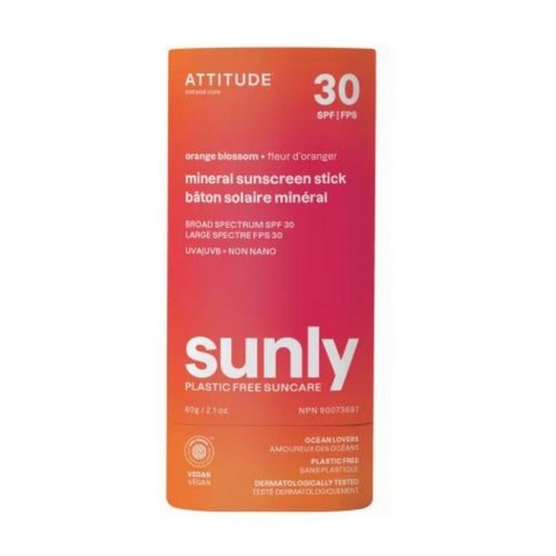 Mineral Sunscreen Stick SPF 30 Sunly Plastic Free Orange Blossom 2.1 Oz by Attitude