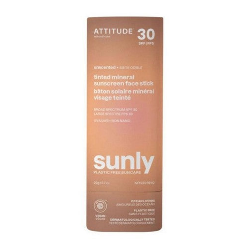 Tinted Mineral Sunscreen Face Stick SPF 30 Sunly Plastic Free Unscented 0.7 Oz by Attitude