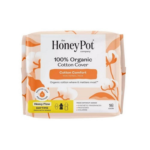 Organic Non Herbal Heavy Flow Menstrual Pads With Wings 16 Count by The Honey Pot