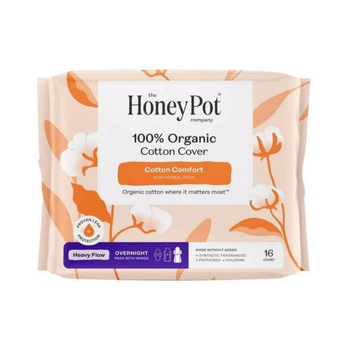 Organic Non Herbal Overnight Heavy Flow Menstrual Pads With Wings 16 Count by The Honey Pot