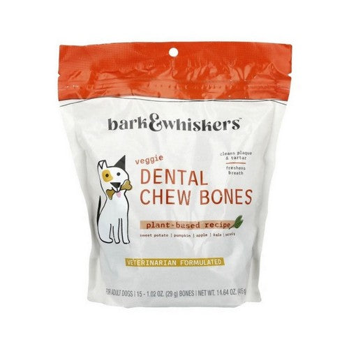 Dental Chew Bones For Adult Dogs Veggie 15 Bones (1.02 Oz Each) by Bark & Whiskers